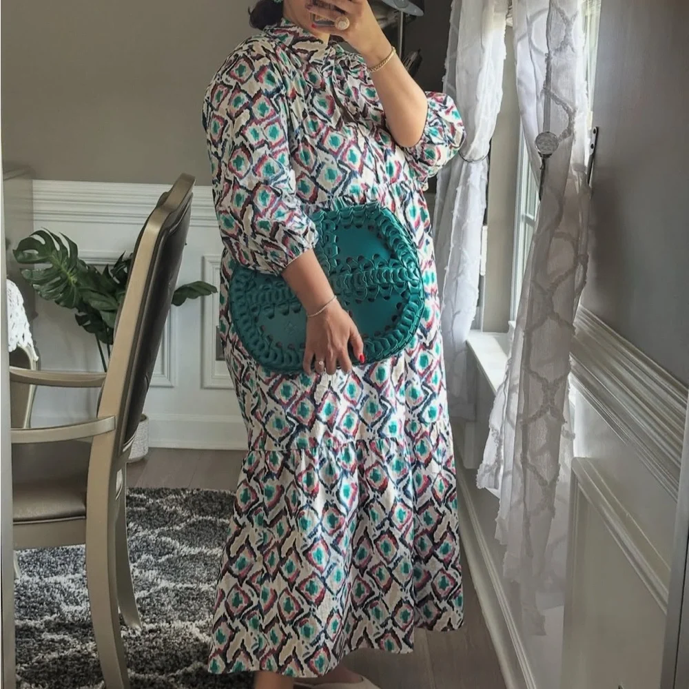 Anthropologie Maeve The Bettina Tiered Maxi Shirt Dress Sz XL Geometric Print - Picture 2 of 12